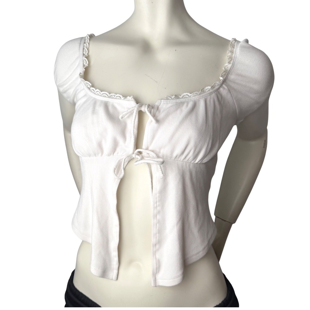 Garage Ribbed Knit Tie Front Lace Trim Top White Cottagecore Coquette Cropped M